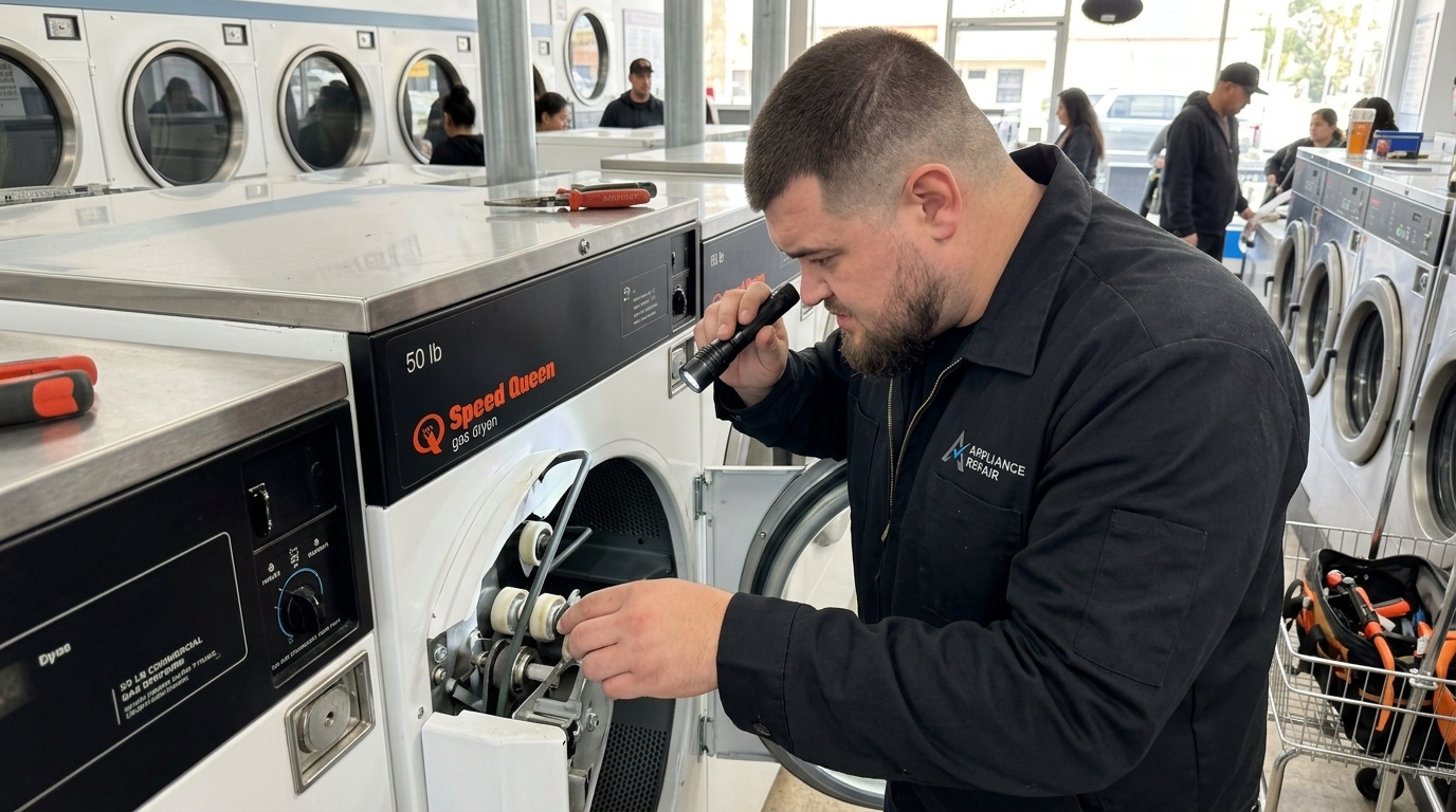 Licensed master technician performing Commercial Dryer diagnostic test in San Diego