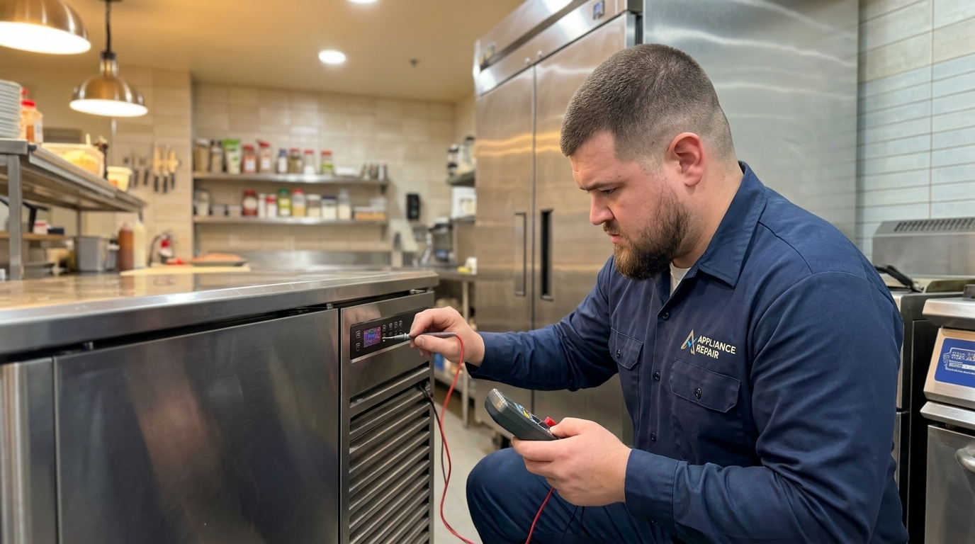 Licensed master technician performing Commercial Refrigerator diagnostic test in San Diego