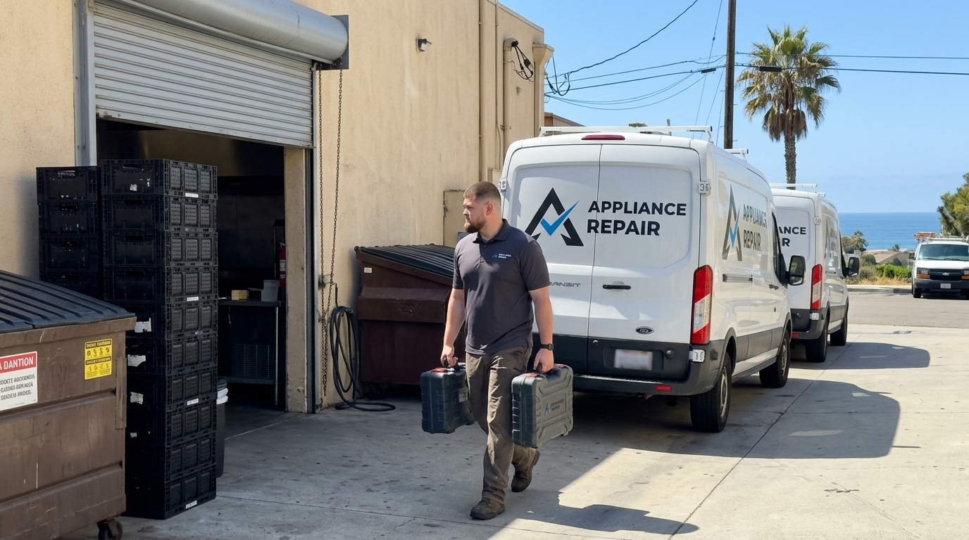 Licensed master technician performing Commercial Appliance Repair diagnostic test in San Diego