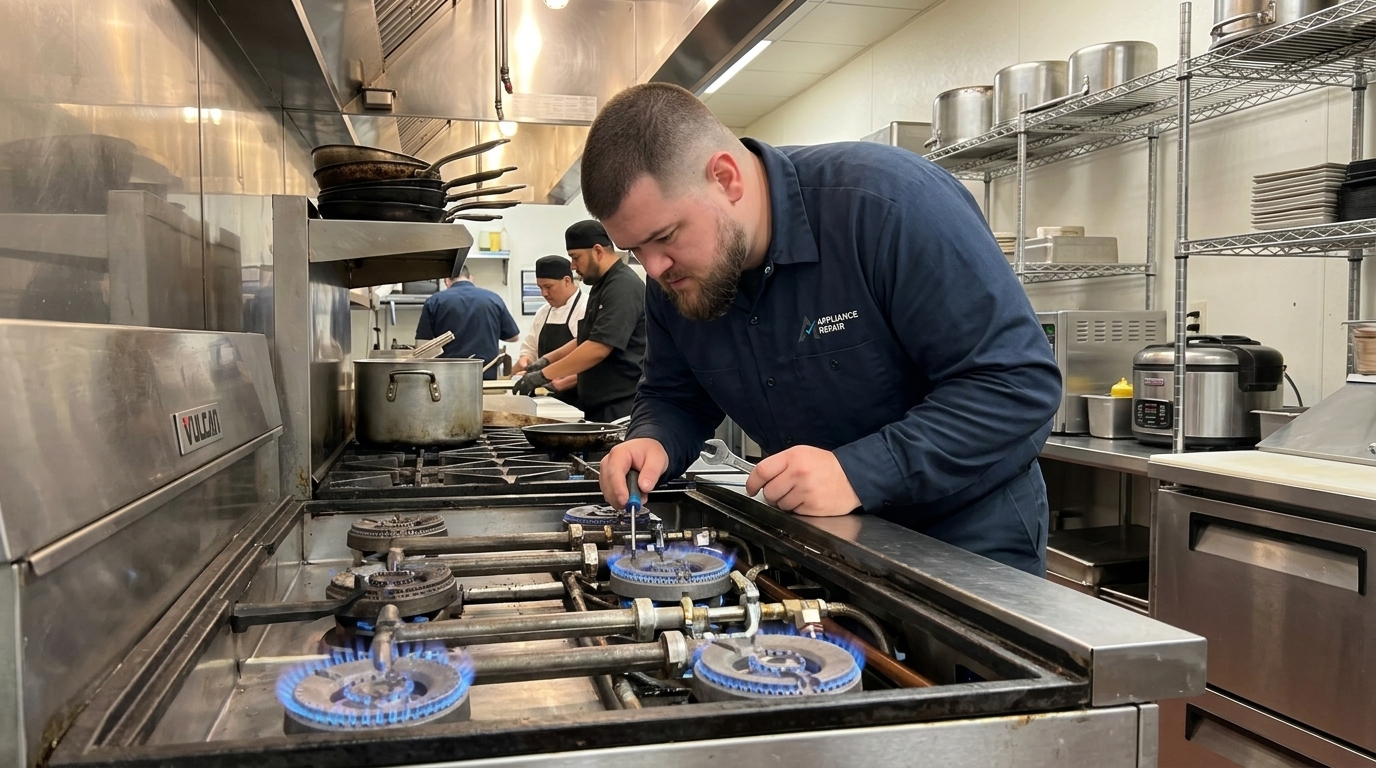 Licensed master technician performing Commercial Range diagnostic test in San Diego