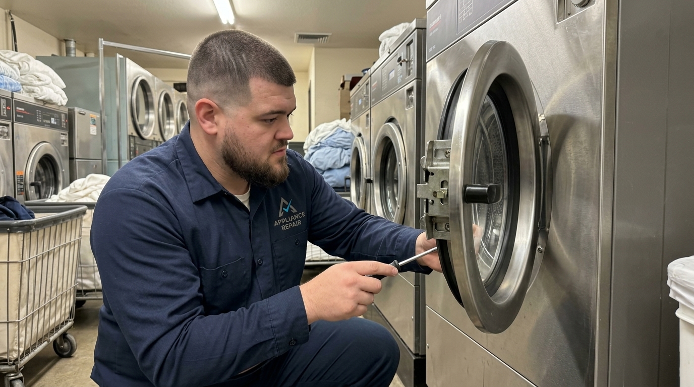 Licensed master technician performing Commercial Washer diagnostic test in San Diego