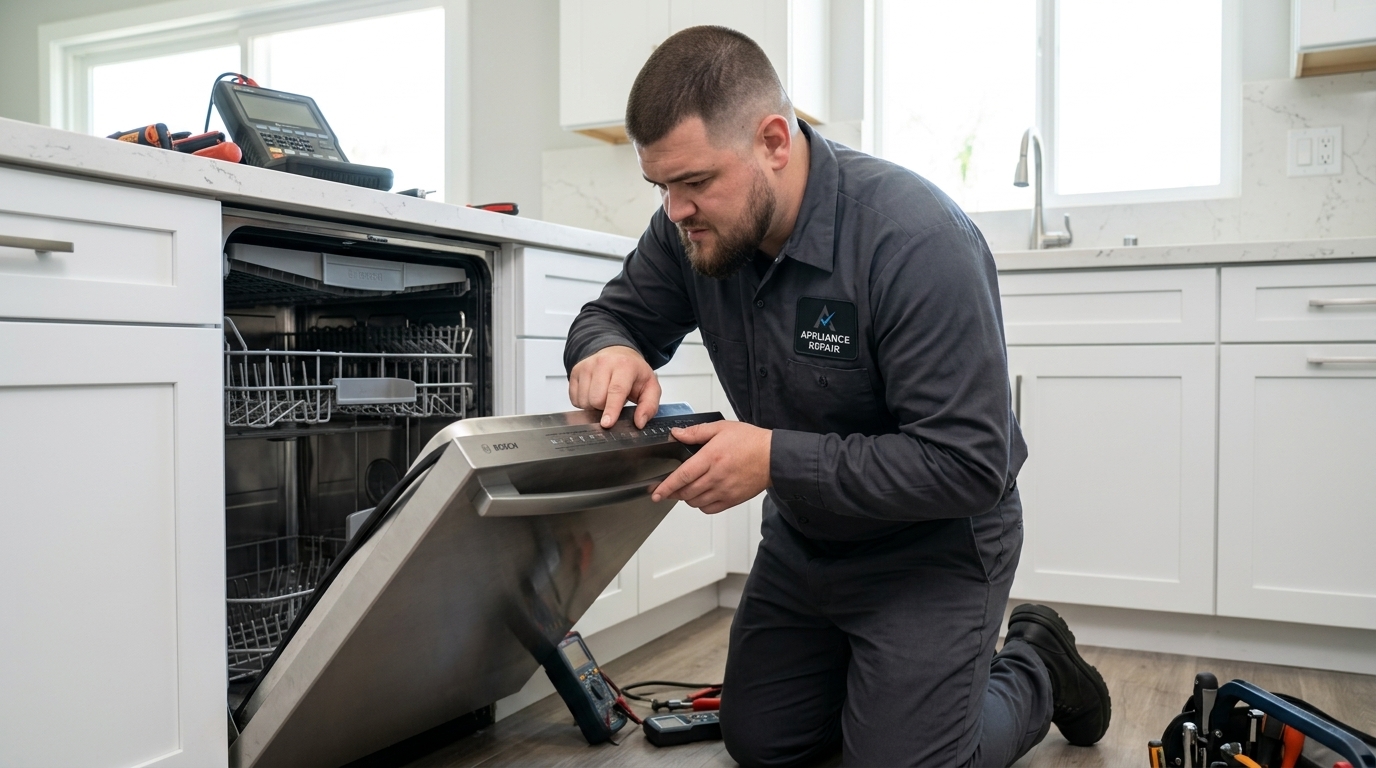 Licensed master technician performing Dishwasher Repair diagnostic test in San Diego