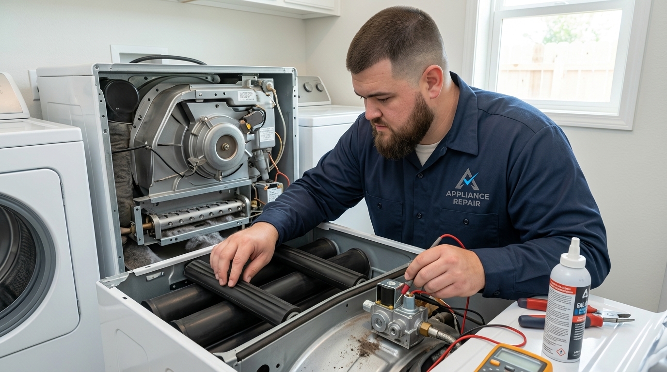 Licensed master technician performing Dryer Repair diagnostic test in San Diego
