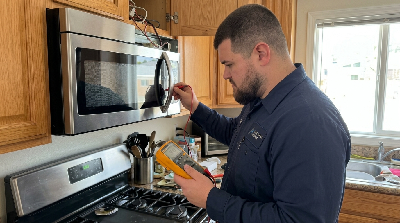 Licensed master technician performing Microwave Repair diagnostic test in San Diego