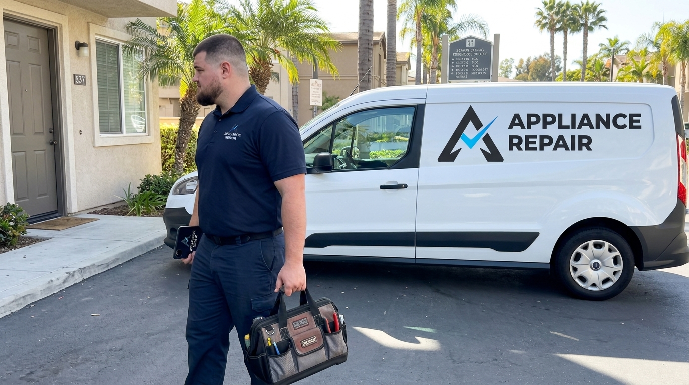 Licensed master technician performing Property Management diagnostic test in San Diego