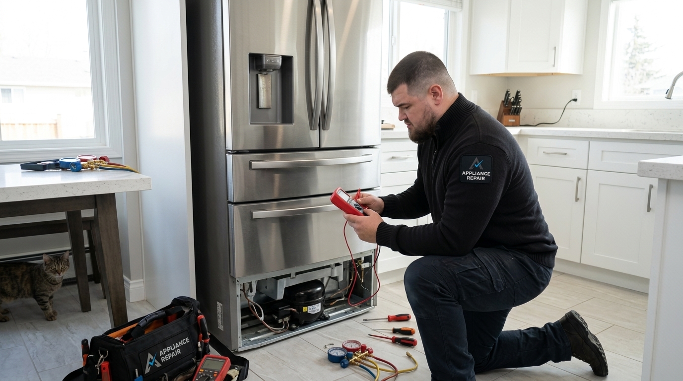 Licensed master technician performing Refrigerator Repair diagnostic test in San Diego
