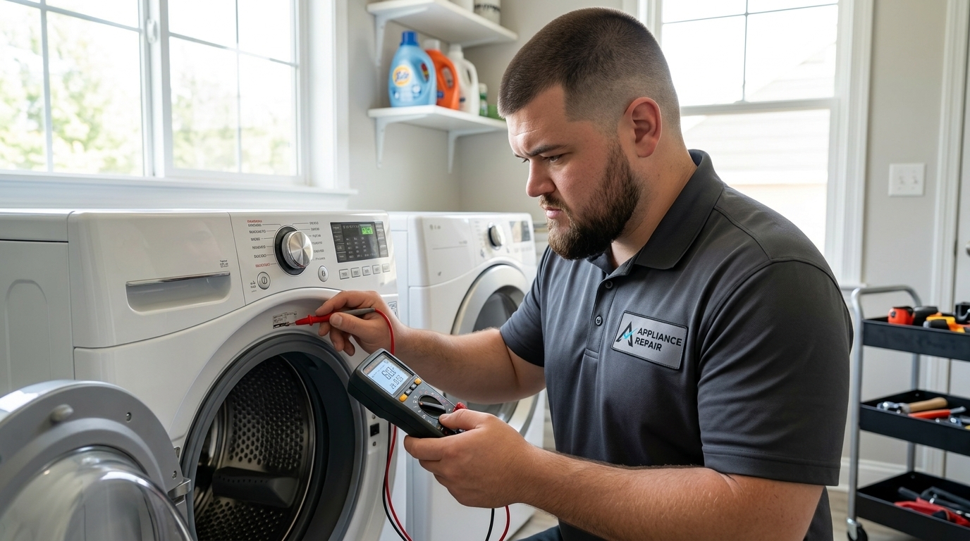 Licensed master technician performing Washing Machine Repair diagnostic test in San Diego